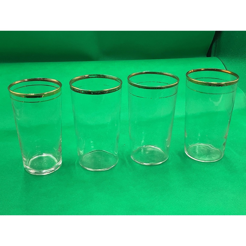 Vintage 1930s Gold‐Gilded Rim Juice Glasses – Set of 4 – Clear Glass with Gold B